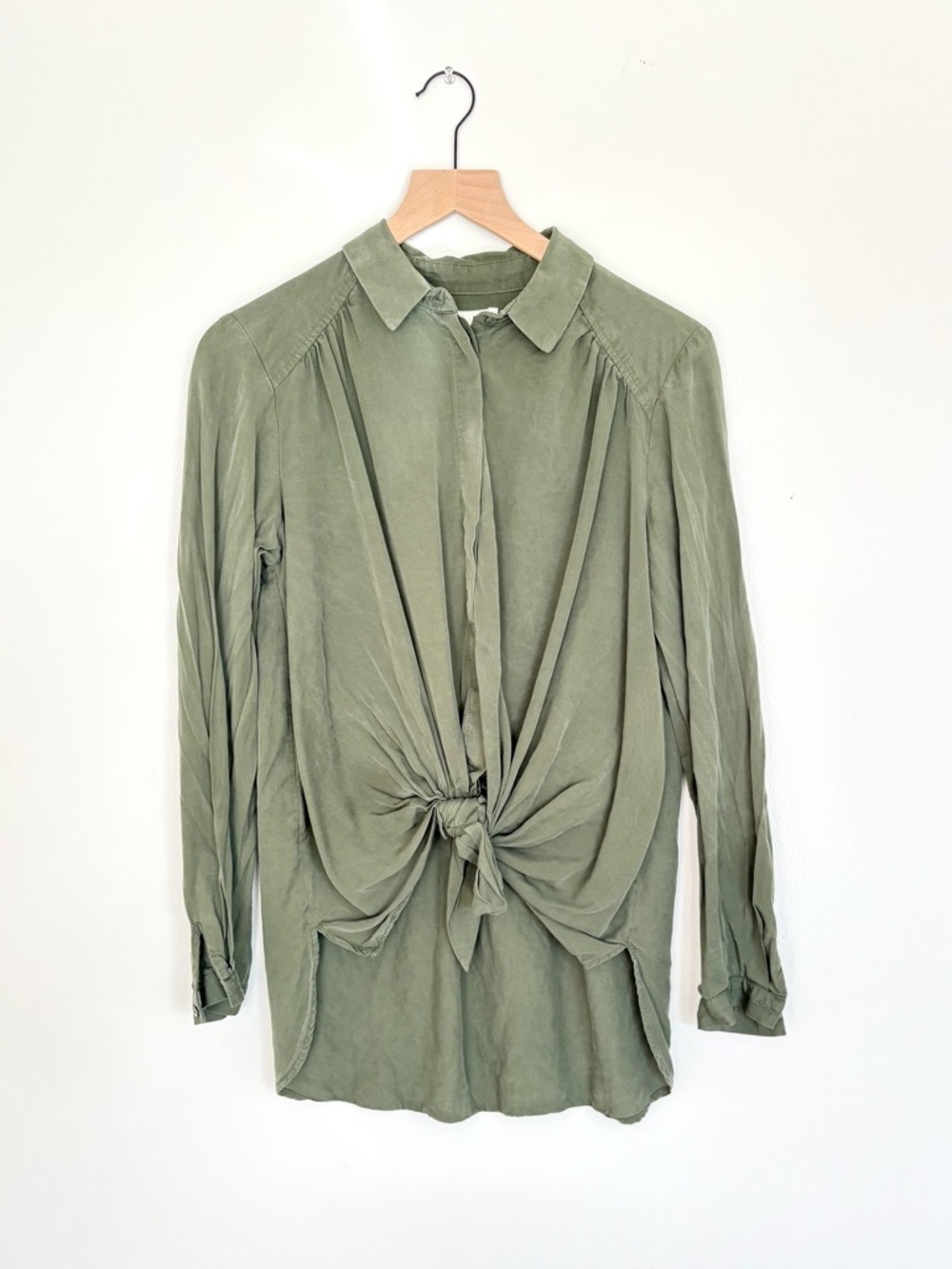 olive green tie front blouse - silky lightweight  button down 100% tencel - S